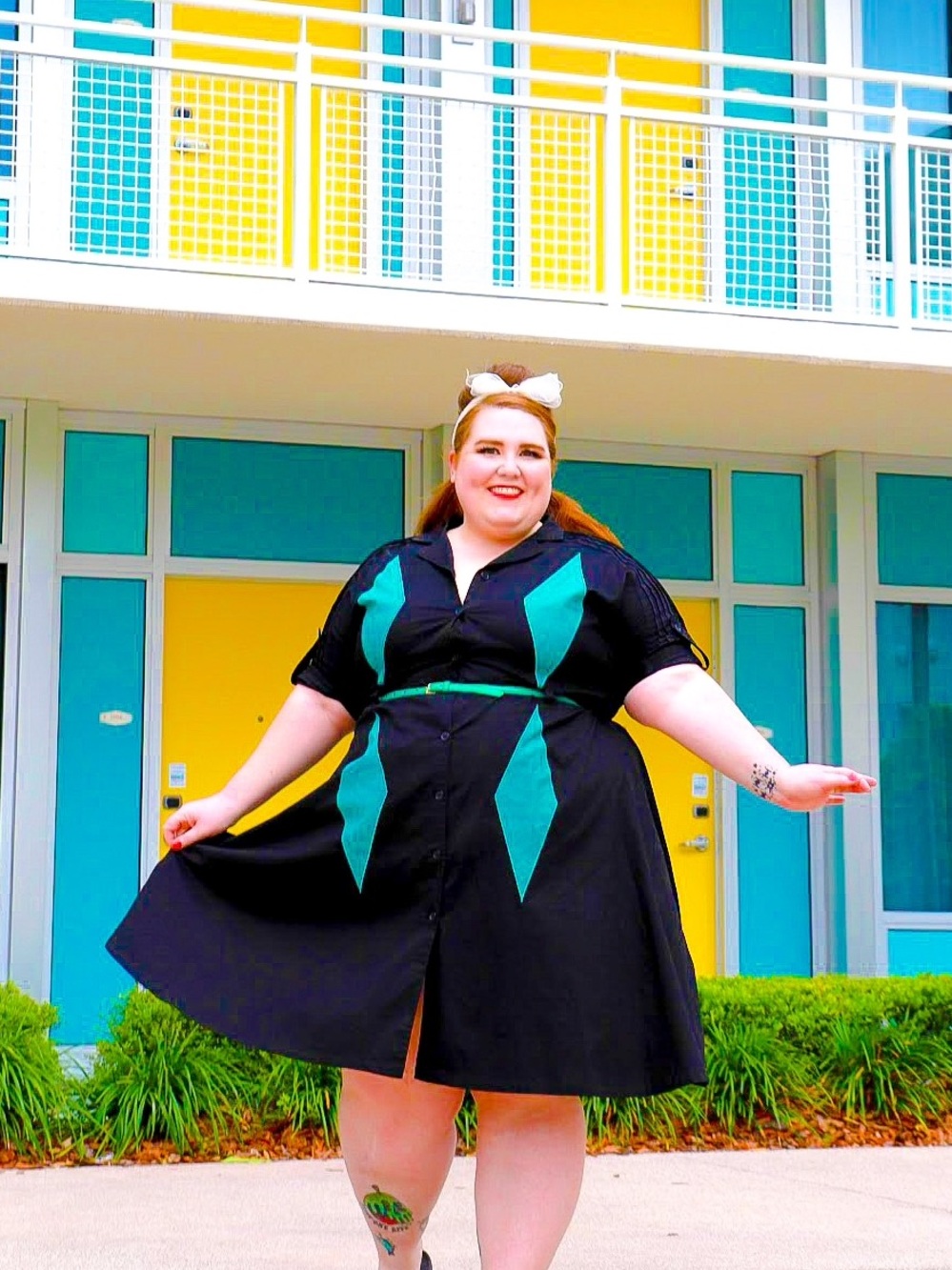 Tatyana Black Midi Dress with Teal Diamond Panels